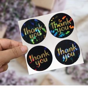 100 THANK YOU Stickers Black and Gold Holographic Metallic Effect Design 2"